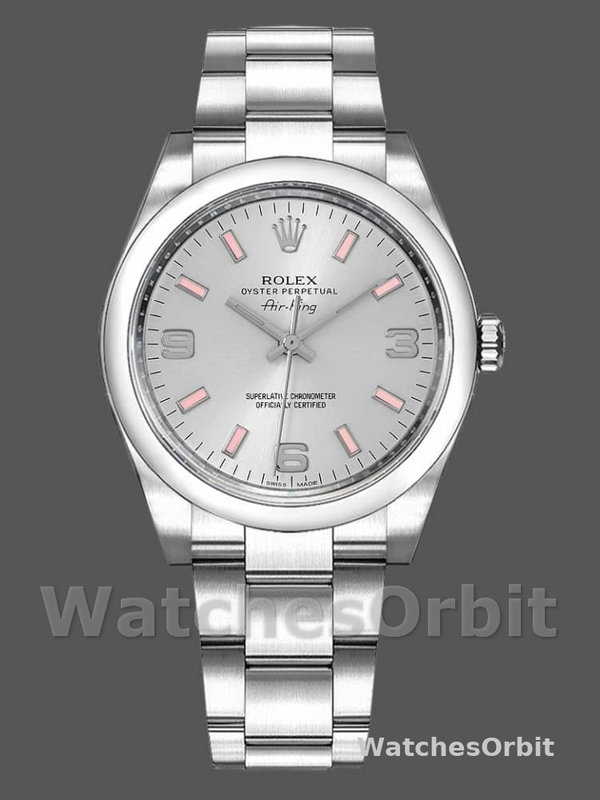 Rolex Oyster Perpetual Air-King 114200 Silver Dial Pink Baton 34mm Unisex replica watch