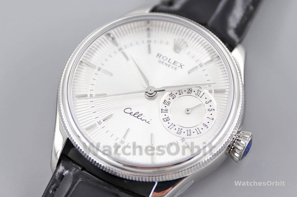 Rolex Cellini Date 50519 Black Leather Silver Dial 39mm Mens Replica Watch