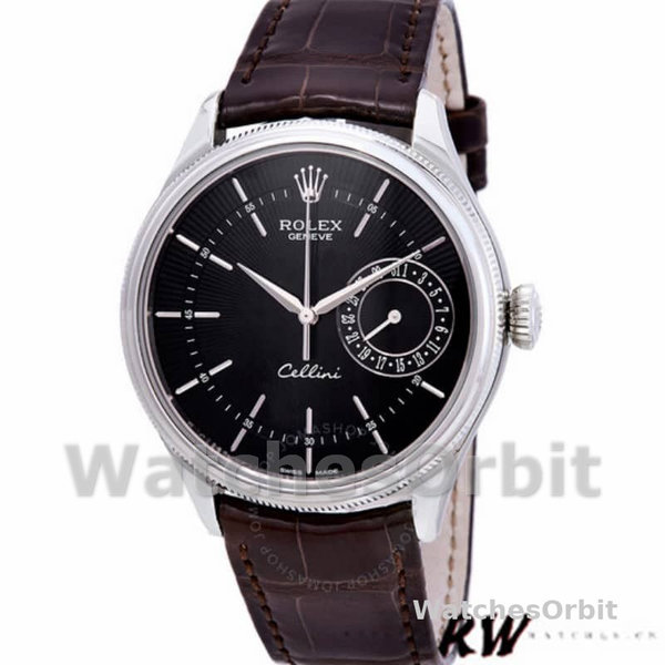 Rolex Cellini Date 50519 Brown Leather Black Dial 39mm Mens Replica Watch