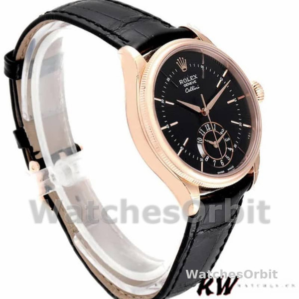 Rolex Cellini Dual Time 50525 Black Dial Black Leather Strap 39mm Mens Replica Watch
