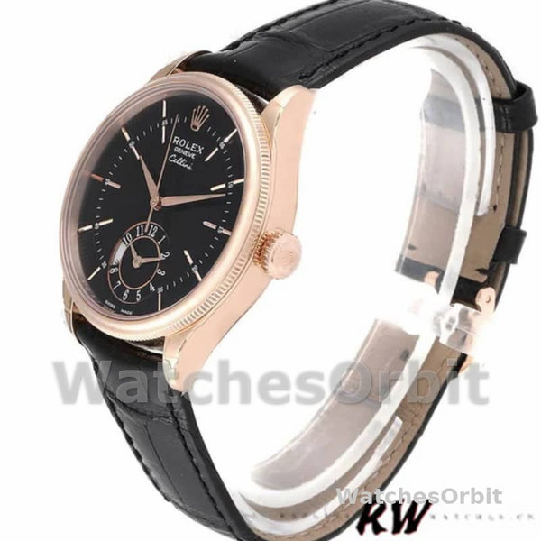 Rolex Cellini Dual Time 50525 Black Dial Black Leather Strap 39mm Mens Replica Watch
