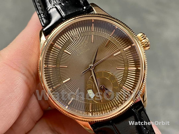 Rolex Cellini Dual Time 50525 Brown Guilloche Dial Black Leather Strap 39mm Mens Replica Watch
