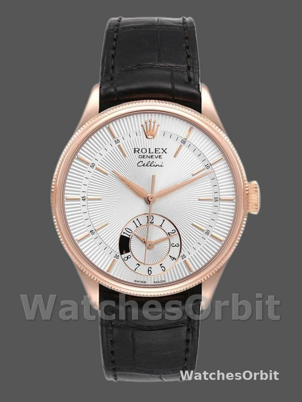 Rolex Cellini Dual Time 50525 Silver Dial Black Leather Strap 39mm Mens Replica Watch