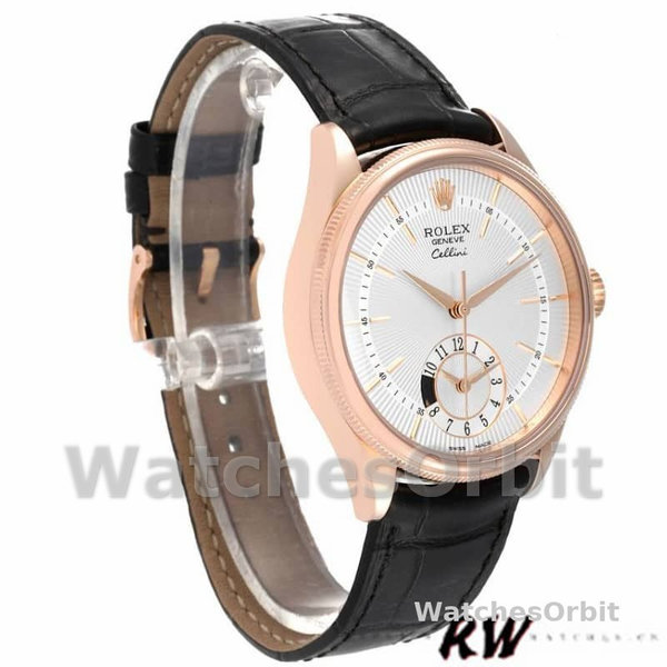 Rolex Cellini Dual Time 50525 Silver Dial Black Leather Strap 39mm Mens Replica Watch