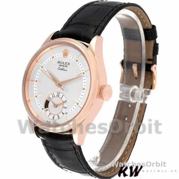 Rolex Cellini Dual Time 50525 Silver Dial Black Leather Strap 39mm Mens Replica Watch