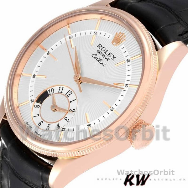 Rolex Cellini Dual Time 50525 Silver Dial Black Leather Strap 39mm Mens Replica Watch