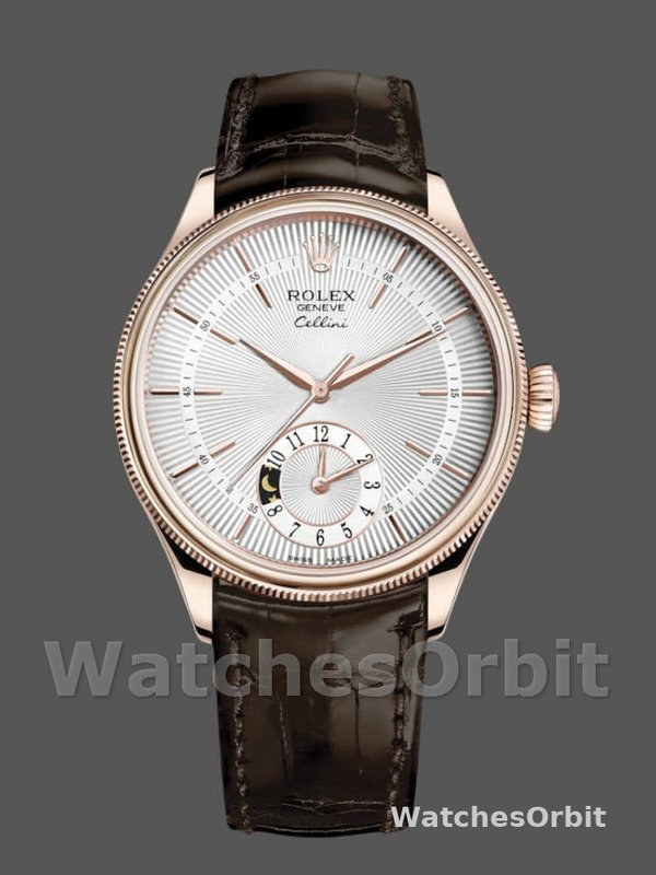 Rolex Cellini Dual Time 50525 Silver Dial Brown Leather Strap 39mm Mens Replica Watch
