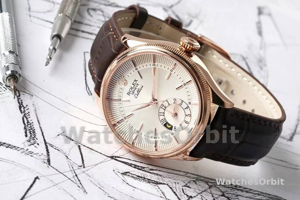 Rolex Cellini Dual Time 50525 Silver Dial Brown Leather Strap 39mm Mens Replica Watch