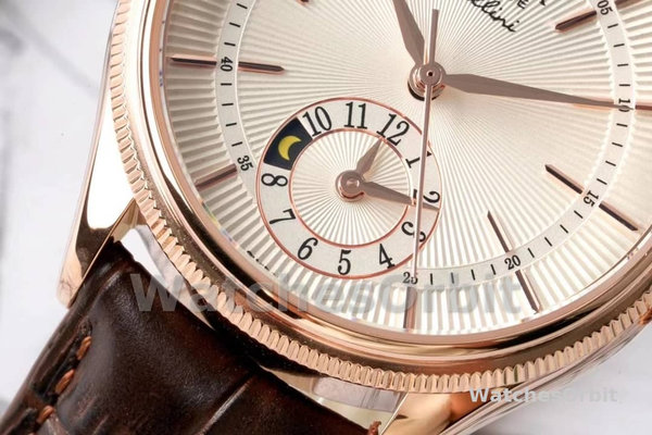 Rolex Cellini Dual Time 50525 Silver Dial Brown Leather Strap 39mm Mens Replica Watch