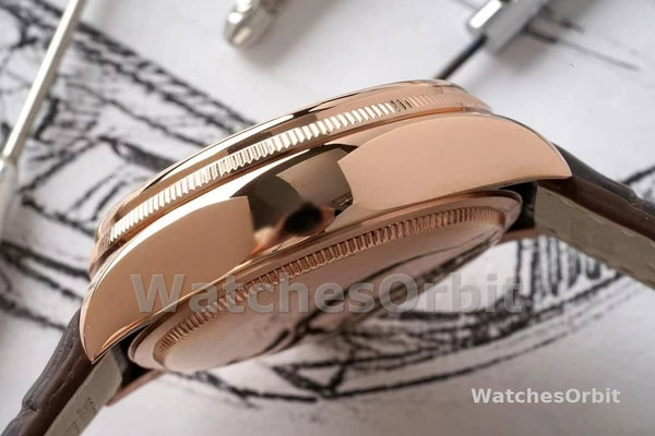 Rolex Cellini Dual Time 50525 Silver Dial Brown Leather Strap 39mm Mens Replica Watch