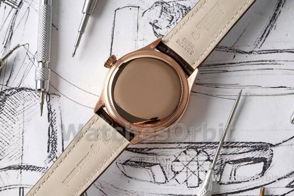 Rolex Cellini Dual Time 50525 Silver Dial Brown Leather Strap 39mm Mens Replica Watch