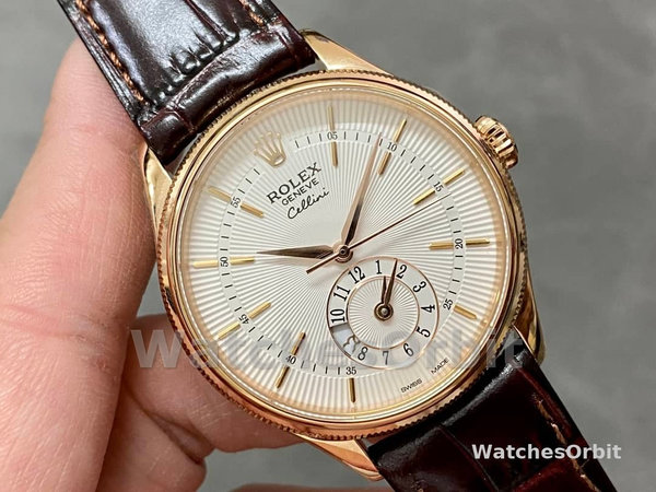 Rolex Cellini Dual Time 50525 Silver Dial Brown Leather Strap 39mm Mens Replica Watch