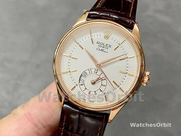 Rolex Cellini Dual Time 50525 Silver Dial Brown Leather Strap 39mm Mens Replica Watch