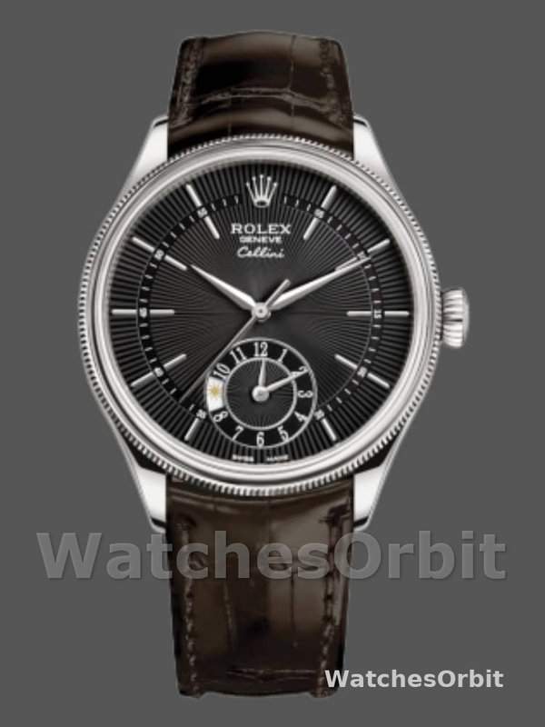 Rolex Cellini Dual Time 50529 Black Dial Brown Leather Strap 39mm Mens Replica Watch