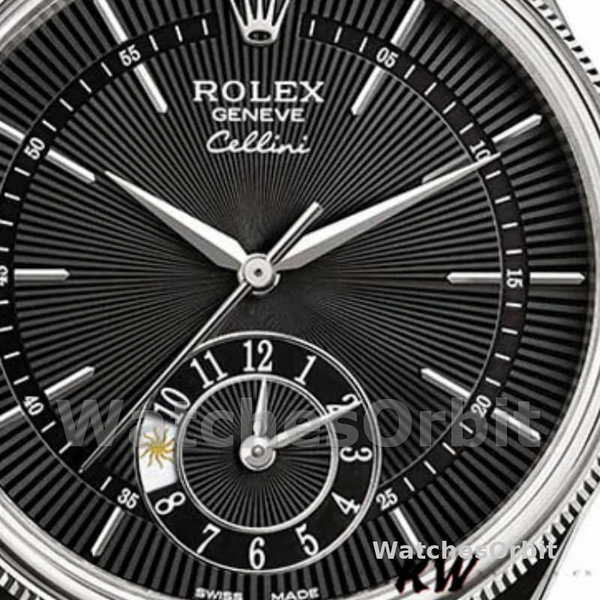 Rolex Cellini Dual Time 50529 Black Dial Brown Leather Strap 39mm Mens Replica Watch