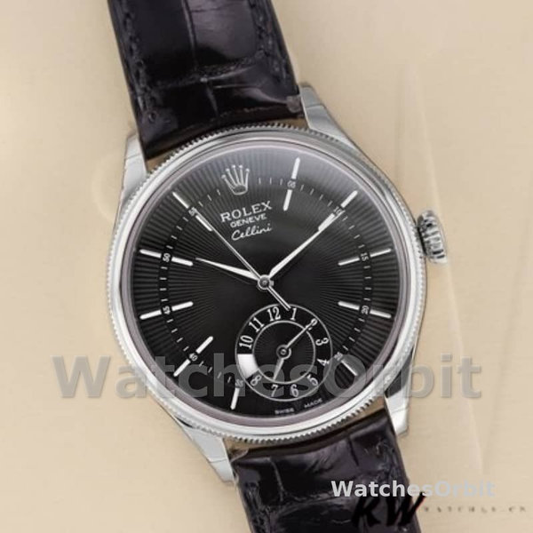 Rolex Cellini Dual Time 50529 Black Dial Brown Leather Strap 39mm Mens Replica Watch