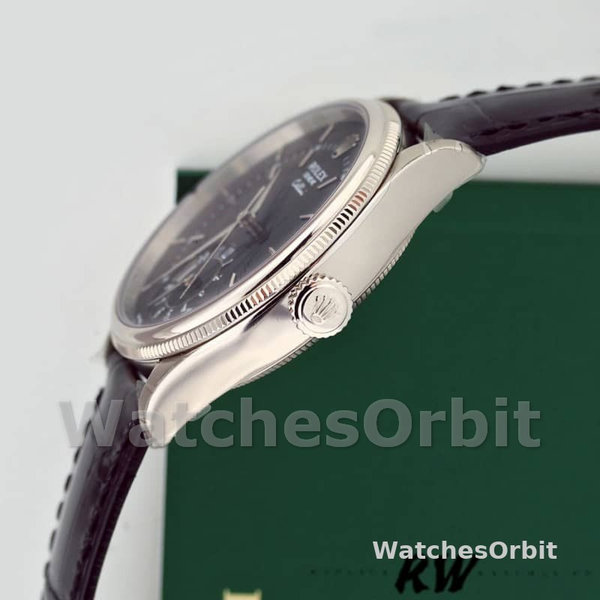 Rolex Cellini Dual Time 50529 Black Dial Brown Leather Strap 39mm Mens Replica Watch