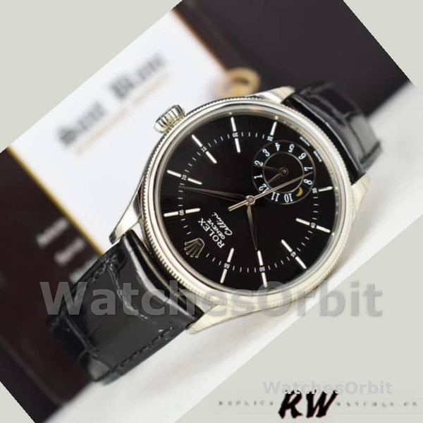 Rolex Cellini Dual Time 50529 Black Dial White Gold 39mm Mens Replica Watch