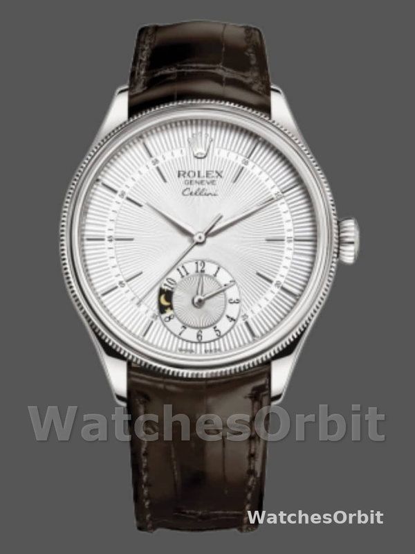Rolex Cellini Dual Time 50529 Silver Dial Brown Strap 39mm Mens Replica Watch