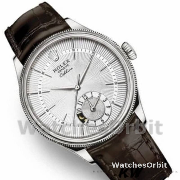 Rolex Cellini Dual Time 50529 Silver Dial Brown Strap 39mm Mens Replica Watch
