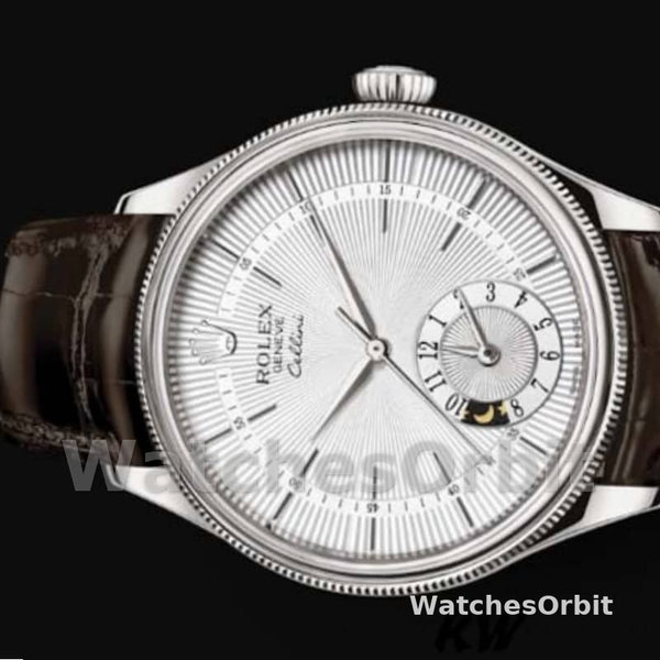 Rolex Cellini Dual Time 50529 Silver Dial Brown Strap 39mm Mens Replica Watch