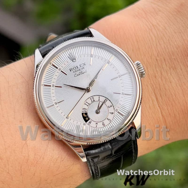 Rolex Cellini Dual Time 50529 Silver Sunburst Dial Black Leather Strap 39mm Mens Replica Watch