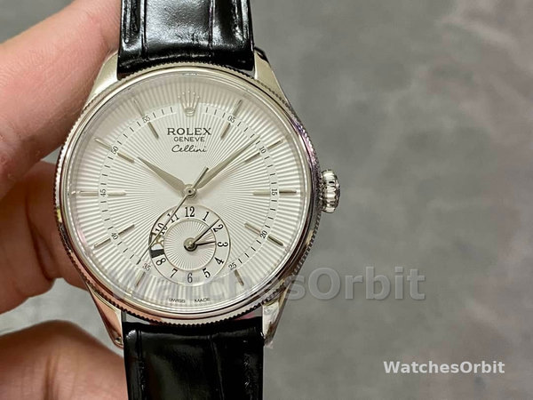 Rolex Cellini Dual Time 50529 Silver Sunburst Dial Black Leather Strap 39mm Mens Replica Watch