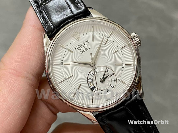 Rolex Cellini Dual Time 50529 Silver Sunburst Dial Black Leather Strap 39mm Mens Replica Watch
