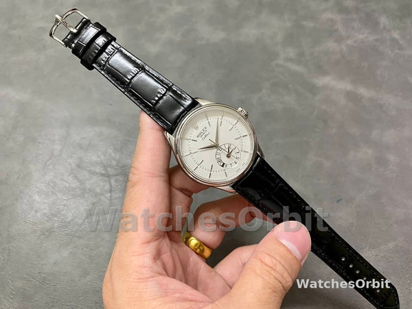 Rolex Cellini Dual Time 50529 Silver Sunburst Dial Black Leather Strap 39mm Mens Replica Watch