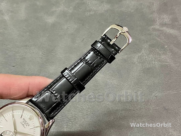 Rolex Cellini Dual Time 50529 Silver Sunburst Dial Black Leather Strap 39mm Mens Replica Watch