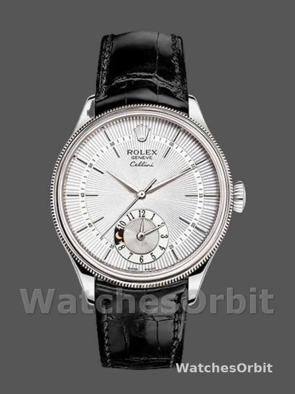 Rolex Cellini Dual Time 50529 Silver Sunburst Dial Brown Leather Strap 39mm Mens Replica Watch
