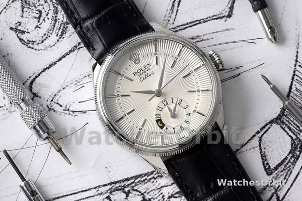 Rolex Cellini Dual Time 50529 Silver Sunburst Dial Brown Leather Strap 39mm Mens Replica Watch