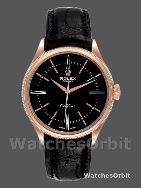 Rolex Cellini Time 50505 Black Leather Strap Black Dial 39mm Mens Replica Watch