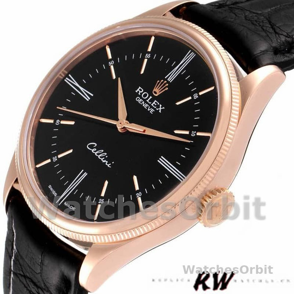 Rolex Cellini Time 50505 Black Leather Strap Black Dial 39mm Mens Replica Watch