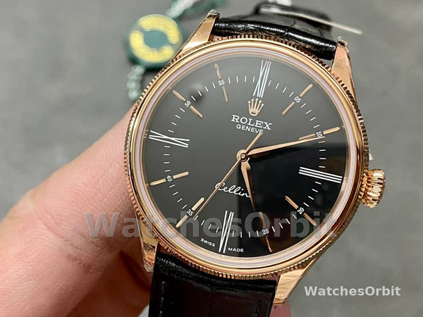 Rolex Cellini Time 50505 Black Leather Strap Black Dial 39mm Mens Replica Watch