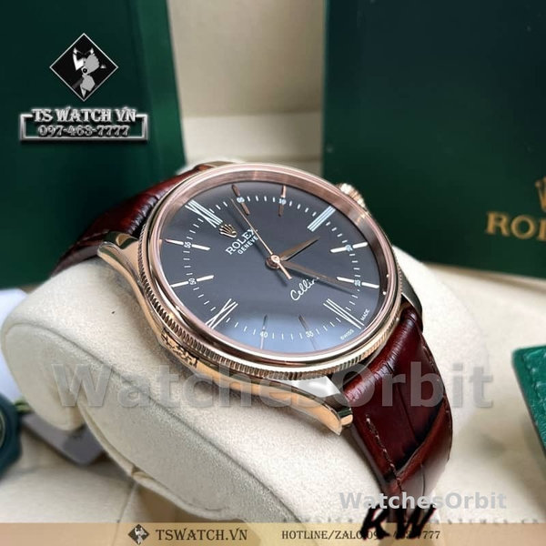 Rolex Cellini Time 50505 Brown Leather Strap Black Dial 39mm Mens Replica Watch