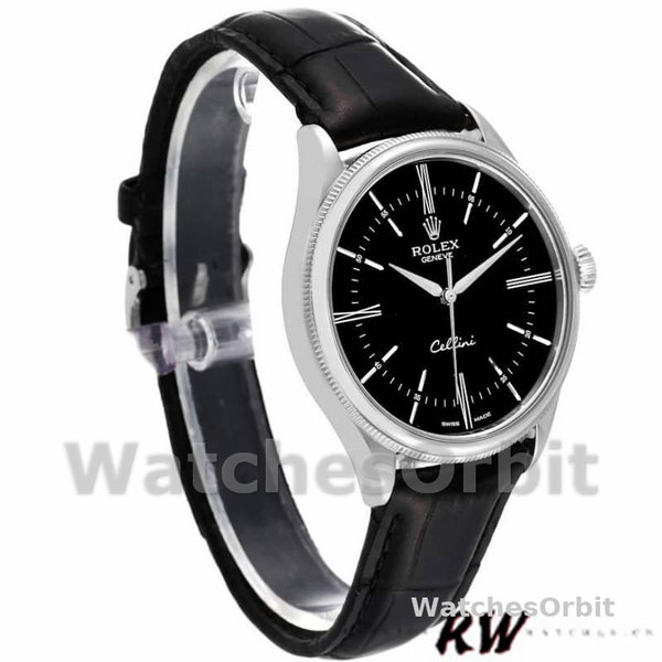 Rolex Cellini Time 50509 Black Leather Strap Black Dial 39mm Mens Replica Watch