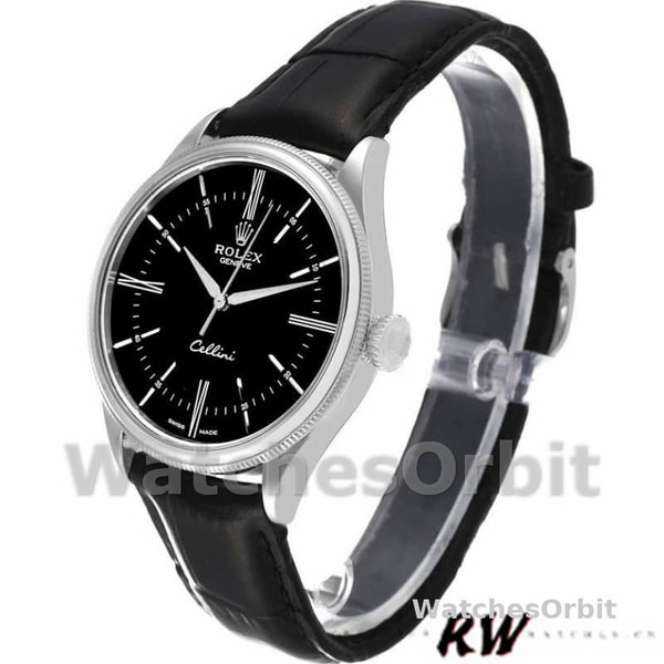 Rolex Cellini Time 50509 Black Leather Strap Black Dial 39mm Mens Replica Watch