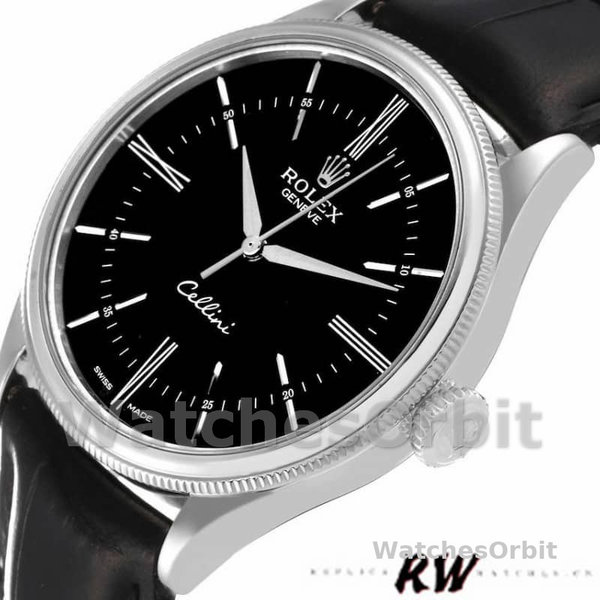 Rolex Cellini Time 50509 Black Leather Strap Black Dial 39mm Mens Replica Watch