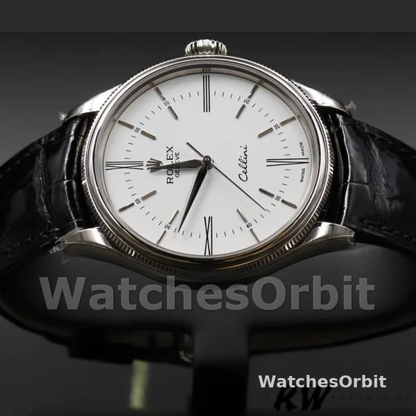 Rolex Cellini Time 50509 Black Leather Strap White Dial 39mm Mens Replica Watch