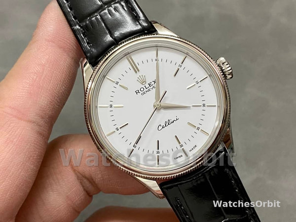 Rolex Cellini Time 50509 Black Leather Strap White Dial 39mm Mens Replica Watch