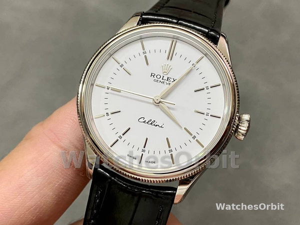 Rolex Cellini Time 50509 Black Leather Strap White Dial 39mm Mens Replica Watch
