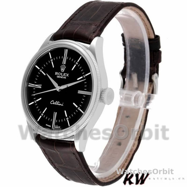 Rolex Cellini Time 50509 Brown Leather Strap Black Dial 39mm Mens Replica Watch