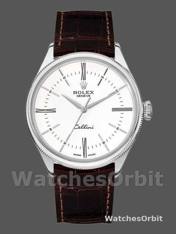 Rolex Cellini Time 50509 Brown Leather Strap White Dial 39mm Mens Replica Watch