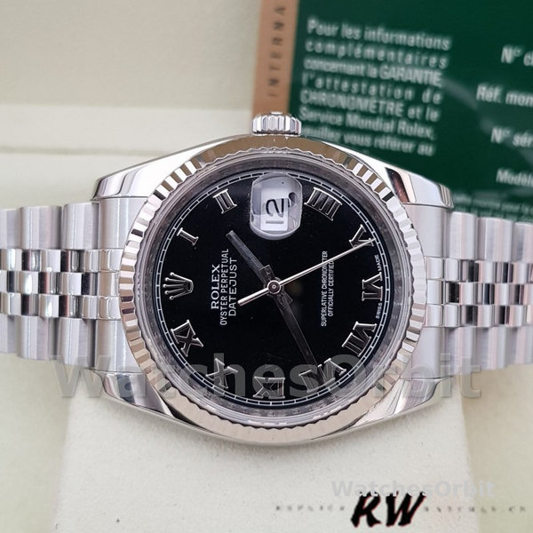 Rolex Datejust 116234 Stainless Steel Fluted Bezel Black Roman Dial 36mm Mens Replica Watch