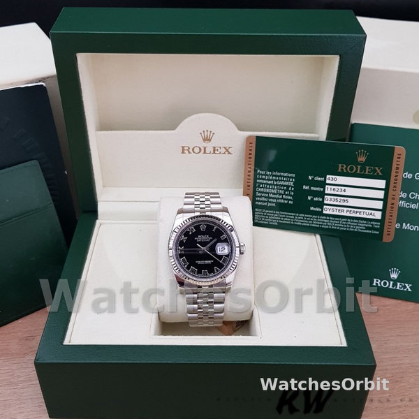 Rolex Datejust 116234 Stainless Steel Fluted Bezel Black Roman Dial 36mm Mens Replica Watch