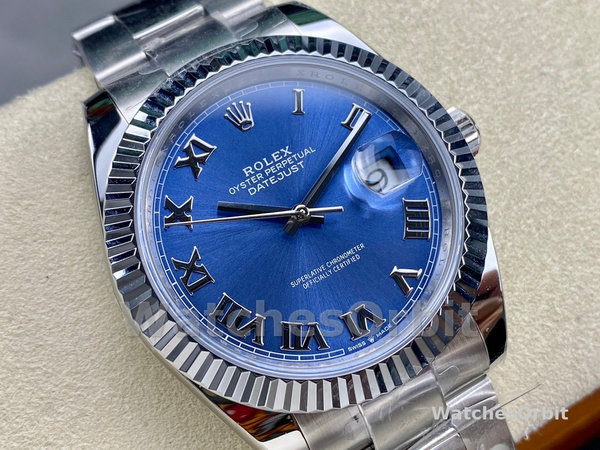 Rolex Datejust 126334 0025 Fluted Bezel Blue Roman Numeral Dial 41MM Mens Replica Watch