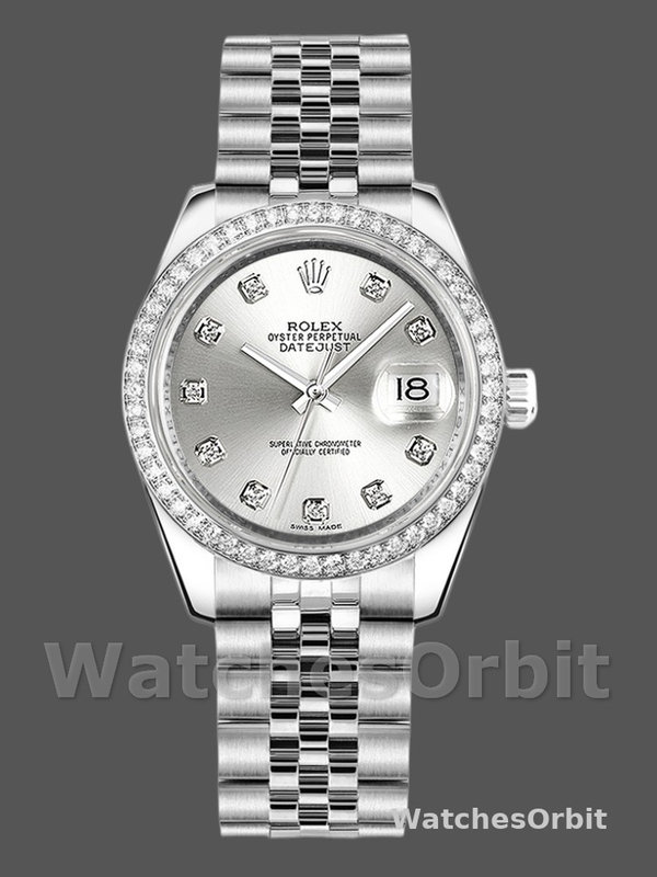 Rolex Datejust 178384 Silver Diamonds Dial Diamond Bezel 31MM Lady Replica Watch