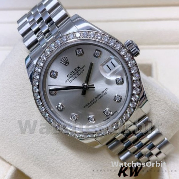 Rolex Datejust 178384 Silver Diamonds Dial Diamond Bezel 31MM Lady Replica Watch