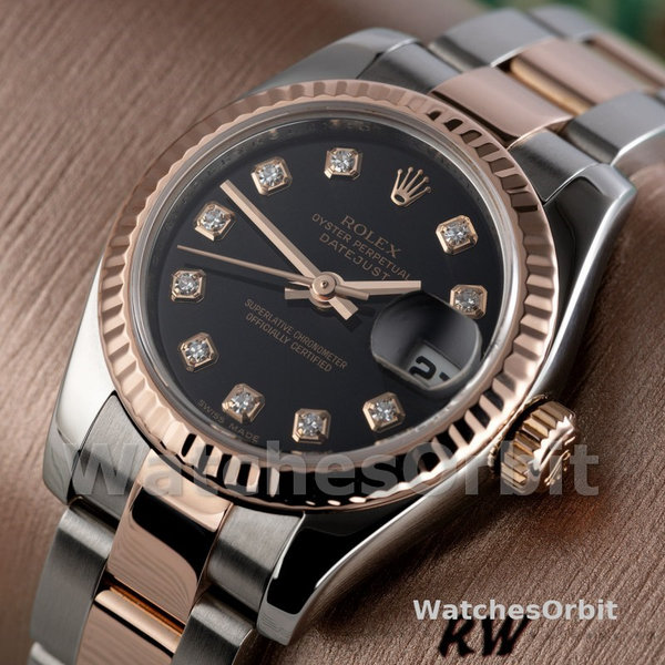 Rolex Datejust 179171 Diamond Black Dial Fluted Bezel 26MM Lady Replica Watch